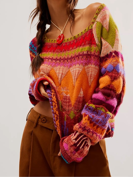 Free People Sweaters - Free People Sz S Sweater Lydia Monochrome Pullover Patterned Patchwork Wool Boho
